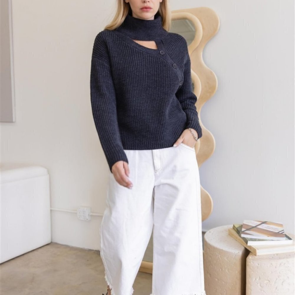 Turtle Neck Button detail Long Sleeve Sweater Dark Gray - Picture 2 of 6